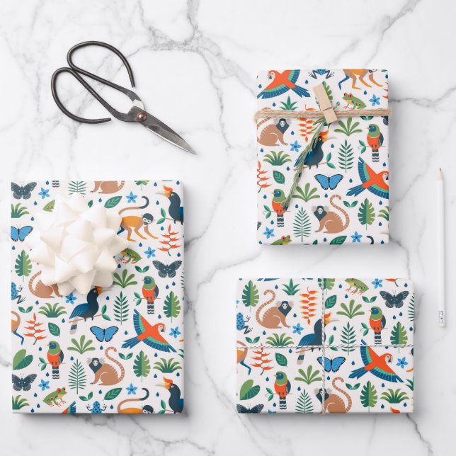 Rainforest Animal Pattern Wrapping Paper Sheet (Front)
