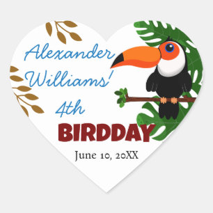 Rainforest Cute Toucan Bird Kid's Birthday Party Heart Sticker
