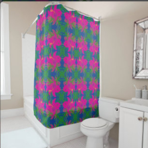 Rainforest Dreams Hibiscus Green Blue Hot Pink Shower Curtain