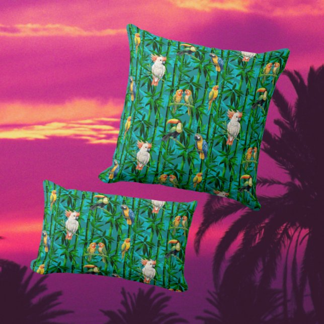 Rainforest Dreams Tropical Bamboo Birds Cushion (Drift off into the rainforest with this dreamy bamboo and tropical bird design!)