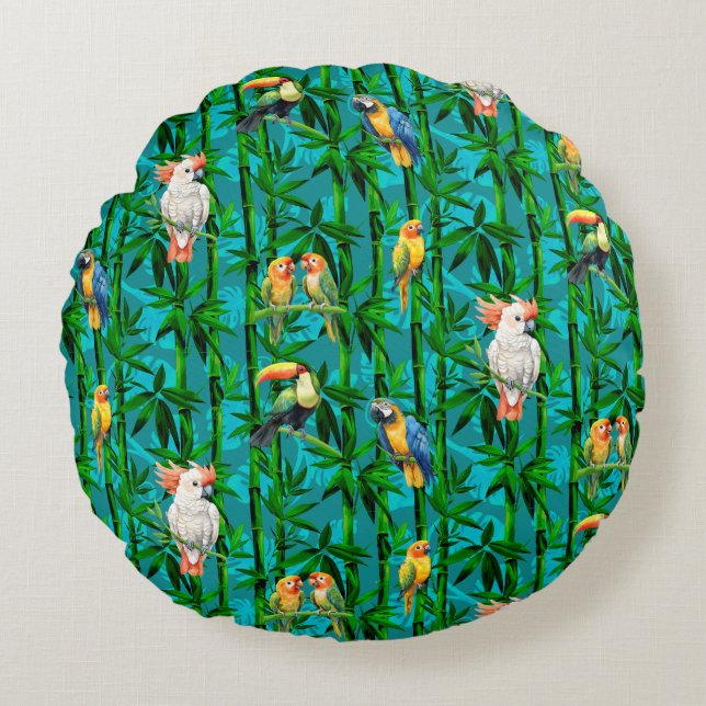 Rainforest Dreams Tropical Bamboo Birds Round Cushion (Front)