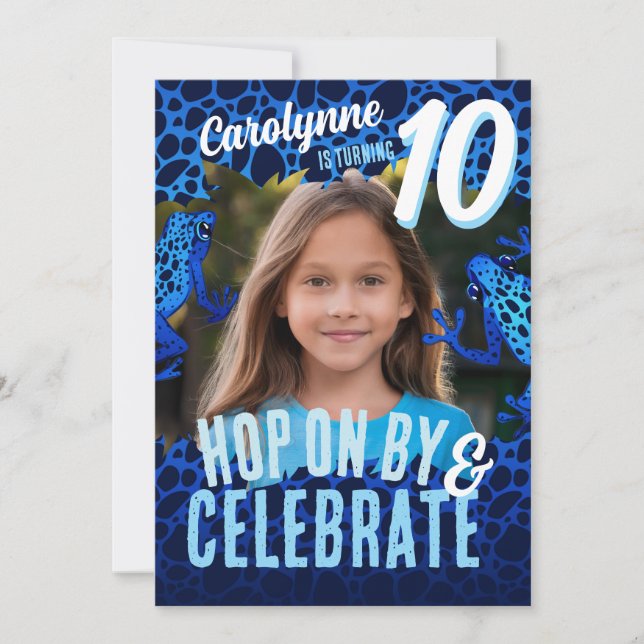 Rainforest Frog 10th Birthday Photo Invite - Blue (Front)