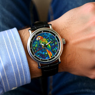 Rainforest Radiance" - Stained Glass Parrot Wall Watch