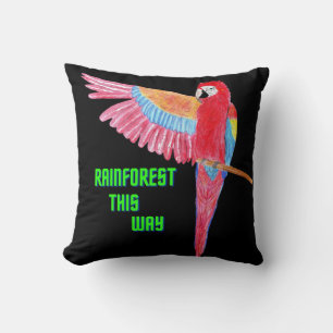 Rainforest this way on black background cushion