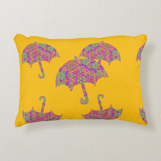 Raining Umbrellas Yellow Decorative Cushion (Front)