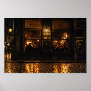 Rainlit Belgian Beerhouse Evening Poster