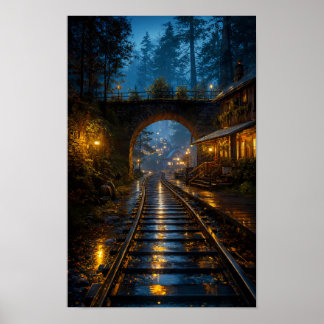 Rainlit Railway Through the Quiet Woods Poster