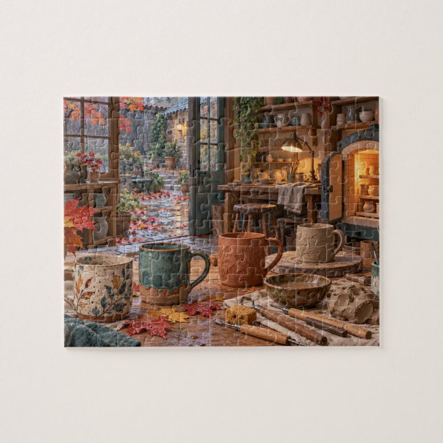 Rainy Autumn Pottery Studio Courtyard Jigsaw Puzzle (Horizontal)
