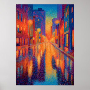 Rainy City Street Pointillism Lights Poster