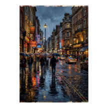 Rainy City Street Poster | Neon Lights Night Scene
