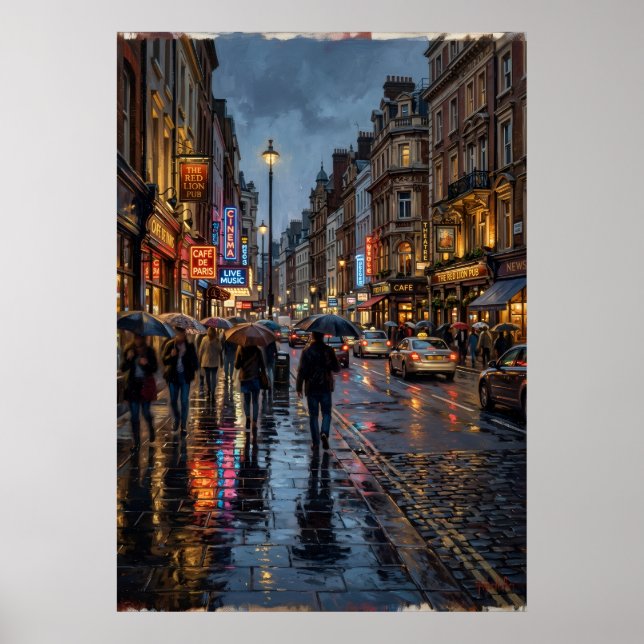 Rainy City Street Poster | Neon Lights Night Scene (Front)
