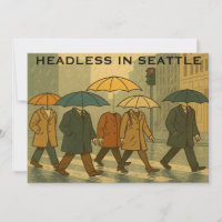 Rainy City Walkers with Umbrella Heads Seattle Art