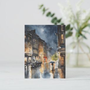 Rainy city watercolor art postcard