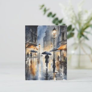 Rainy city watercolor art postcard