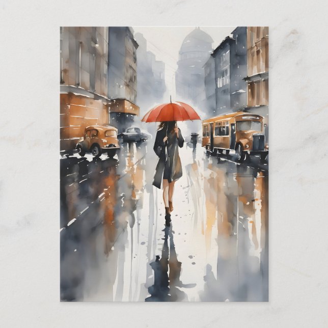 Rainy city watercolor art postcard (Front)