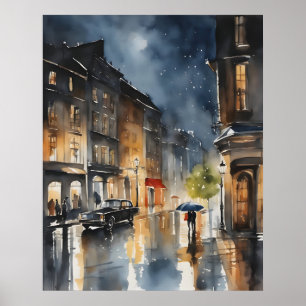 Rainy city watercolor art poster