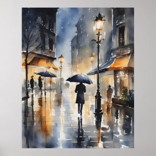 Rainy city watercolor art poster