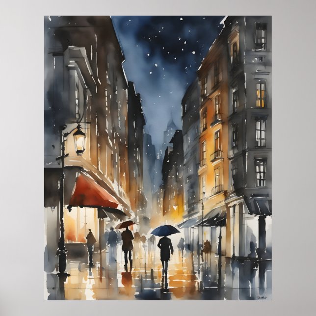 Rainy city watercolor art poster (Front)