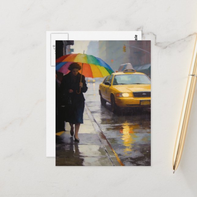 Rainy Day Abstract Woman A Rainbow Umbrella Taxi Postcard (Front/Back In Situ)