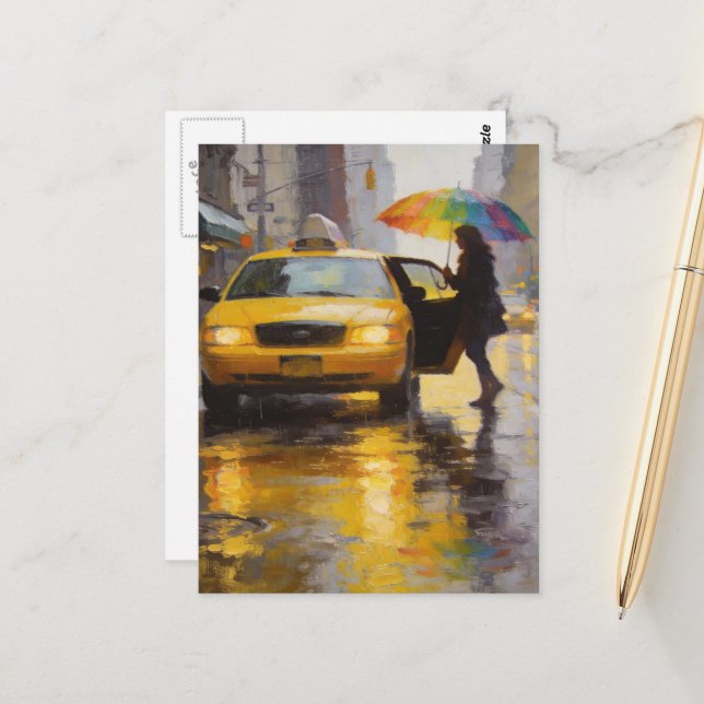 Rainy Day Abstract Woman With A Rainbow Umbrella Postcard (Front/Back In Situ)