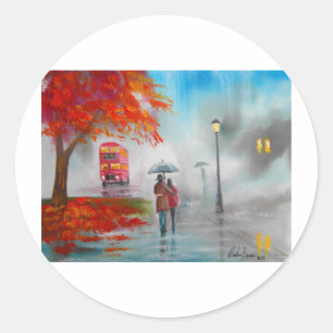 Rainy day autumn red bus umbrella painting classic round sticker