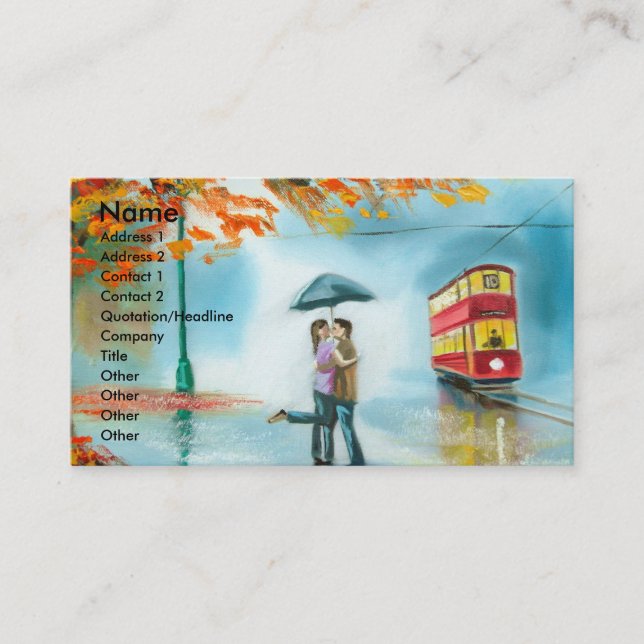 Rainy day autumn red tram umbrella romantic couple business card (Front)