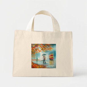 Rainy day autumn red tram umbrella romantic couple mini tote bag