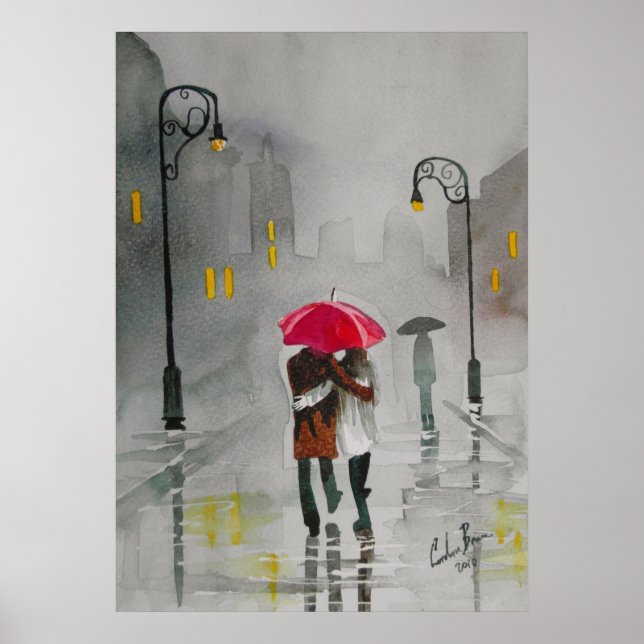 Rainy day autumn red umbrella romantic couple poster (Front)