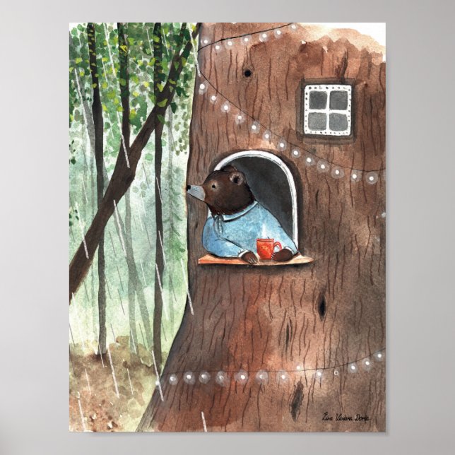 Rainy Day Bear Daydream Tea Time Illustration   Poster (Front)