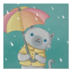 Rainy Day: Cat & Umbrella Illustration Poster