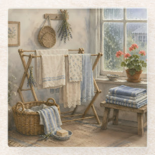 Rainy Day Cottage Laundry Room Glass Coaster