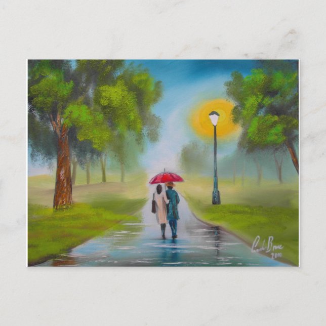 RAINY DAY COUPLE UMBRELLA PAINTING POSTCARD (Front)