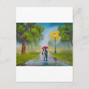 RAINY DAY COUPLE UMBRELLA PAINTING POSTCARD