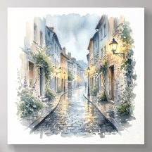 Rainy Day European Cobblestone Street Watercolor