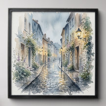 Rainy Day European Cobblestone Street Watercolor