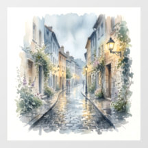 Rainy Day European Cobblestone Street Watercolor