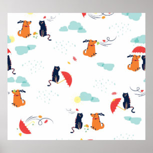 Rainy Day Friends: Cat Dog Vintage Poster