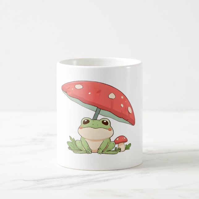 Rainy Day Frog Under Mushroom Kawaii Design Coffee Mug (Center)