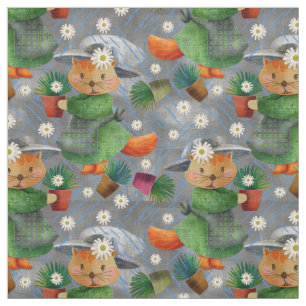 Rainy Day Ginger Cat Daisies Pattern Fabric