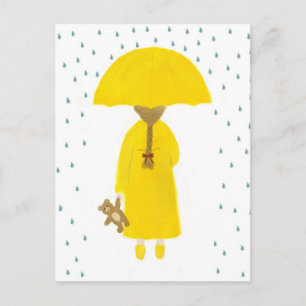 Rainy Day Girl with Teddy Bear Postcard