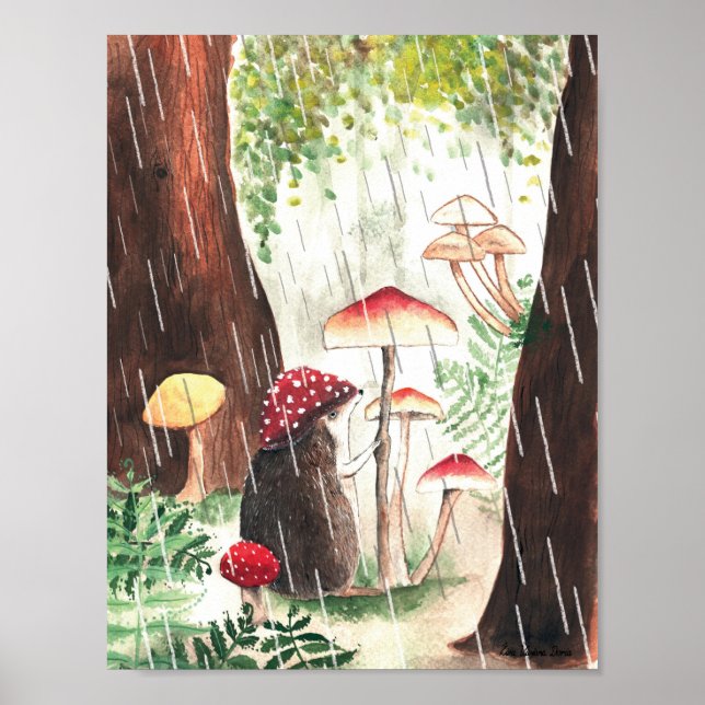 Rainy Day Hedgehog And Toadstool Illustration  Poster (Front)