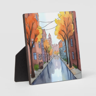 Rainy Day in Boston Watercolor Painting MA Art Plaque