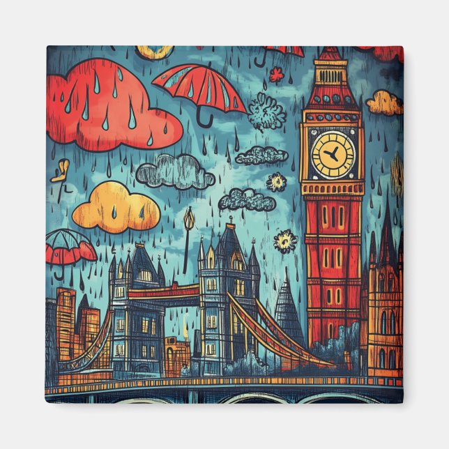  Rainy Day in London, Colorful Doodle Illustration Magnet (Front)