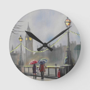 Rainy day in London couple with an umbrella Round Clock
