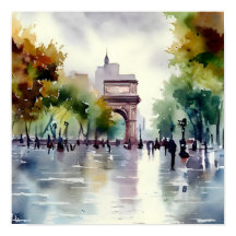 Rainy Day in Washington Square Park Watercolor Art