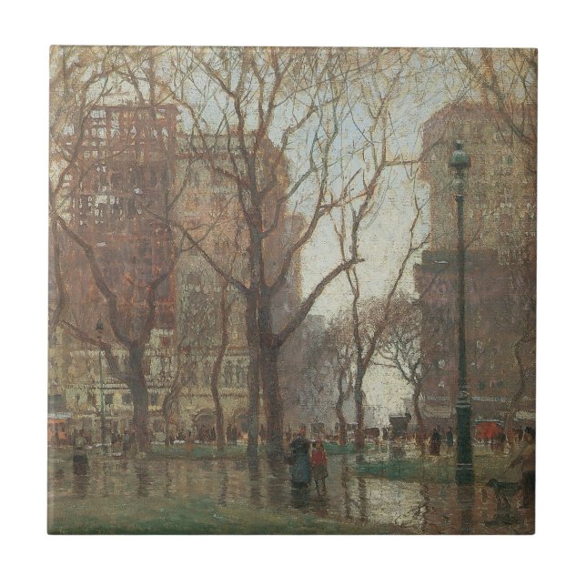 Rainy Day, Madison Square, New York, Paul Cornoyer Tile (Front)