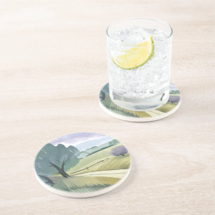 Rainy Day Nature Watercolor Hills Landscape Coaster