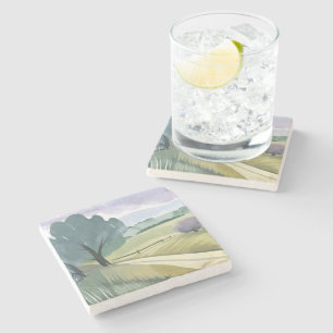 Rainy Day Nature Watercolor Hills Landscape Stone Coaster
