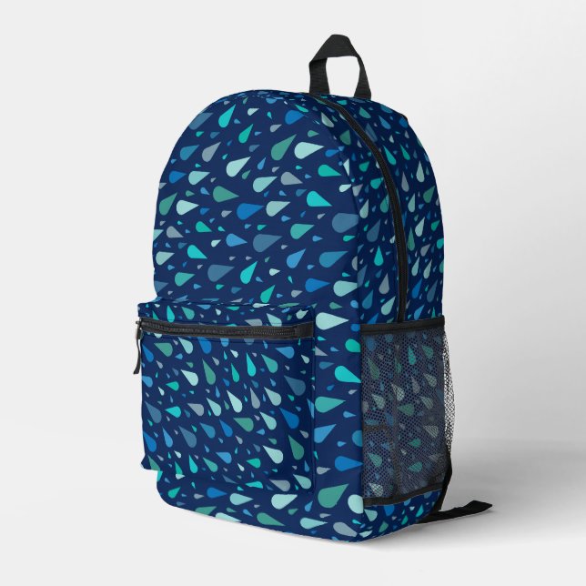 Rainy day pattern with blue raindrops printed backpack (Back Corner Right)