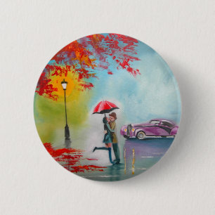 RAINY DAY RED UMBRELLA ROMANTIC COUPLE 6 CM ROUND BADGE